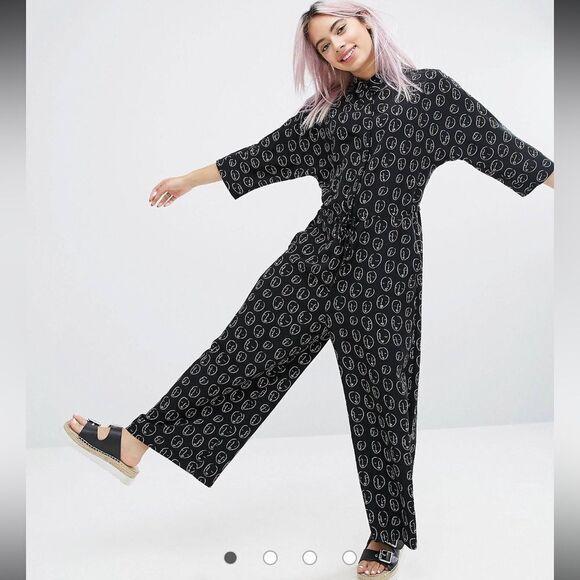 Monki Pants - Monki Face Print Culotte Jumpsuit Pantsuit Romper Cropped Sold out Online Small
